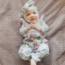 Одежда для новорожденных и маленьких девочек осенний комплект из 3 предметов, хлопковый комбинезон с длинными рукавами+ штаны с цветочным принтом+ повязка на голову, одежда для маленьких девочек