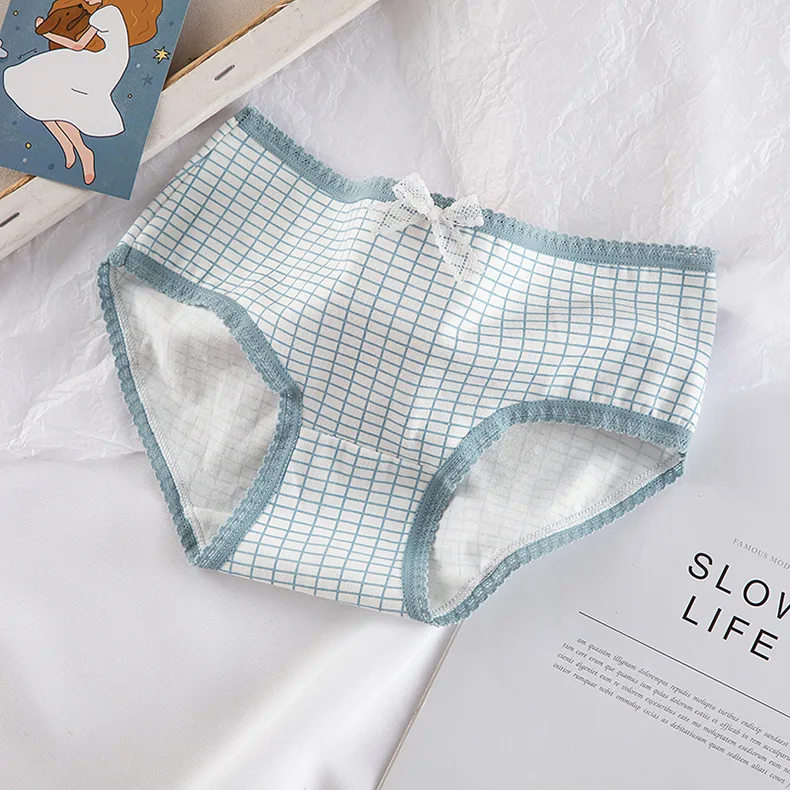 High Quality Plaid Lingerie Girl Love Panties Soft Cotton Underwear Blue Briefs Girls Pants Sexy Lingerie1