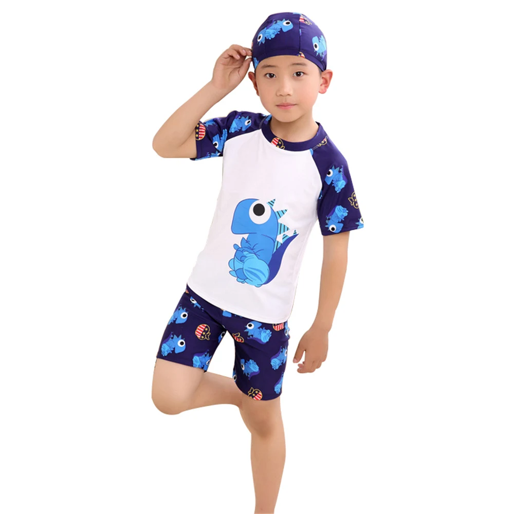 Купальный костюм для мальчика, милый Принт для детей, полиэстер, синий, белый, зеленый, удобная Кепка, комплект из трех предметов