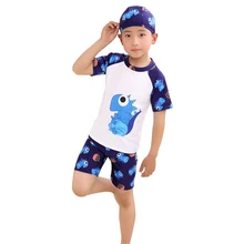 Купальный костюм для мальчика, милый Принт для детей, полиэстер, синий, белый, зеленый, удобная Кепка, комплект из трех предметов