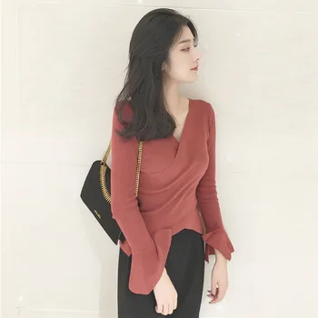 

Nonis New 2019 Autumn Winter Women Knitted Sweater Pullover Female V Neck Cross Flare Sleeve Slim Tops Ladies Elegant Jumpers