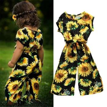 

1-6 Years Girls Jumpsuits Summer Toddler Kids Baby Girl Sunflower Romper Short Sleeve Belt Bow Princess Jumpsuit Girls Clothes