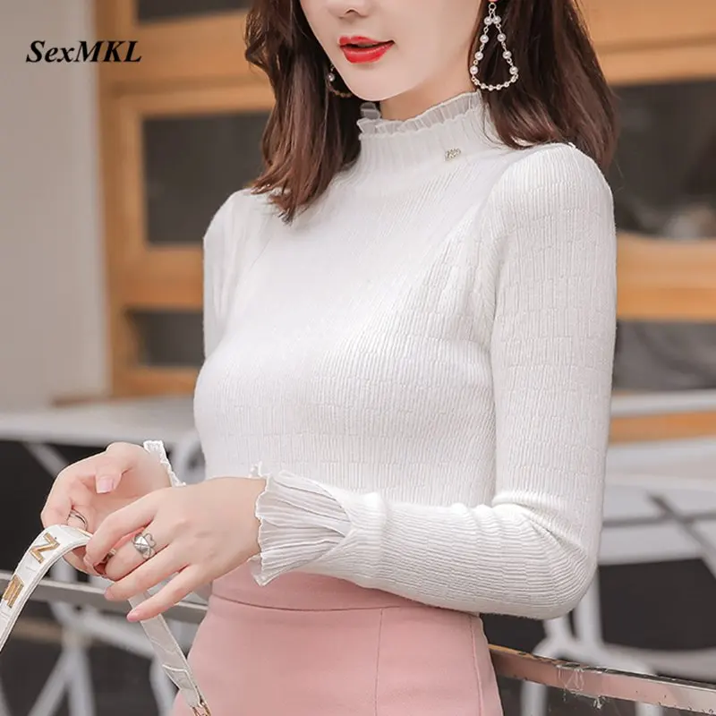 Женский плотный вязаный свитер Sueter белый и розовый с высоким воротником в стиле