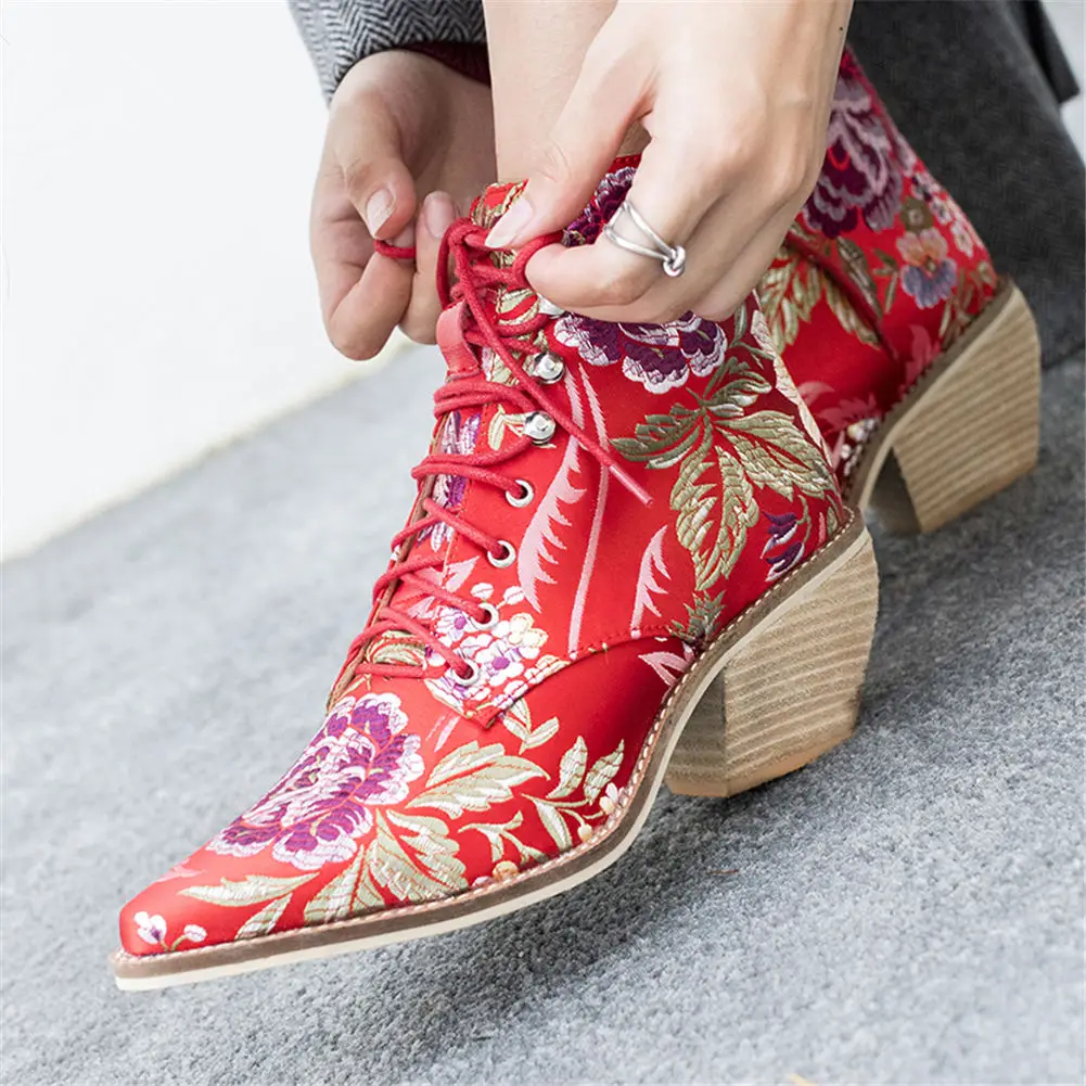

Lapolaka Brand Quality Embroidered Big Size 43 Ankle Boots Women Shoes Silk Chunky High Heels Chelsea Boots Female Shoes Woman
