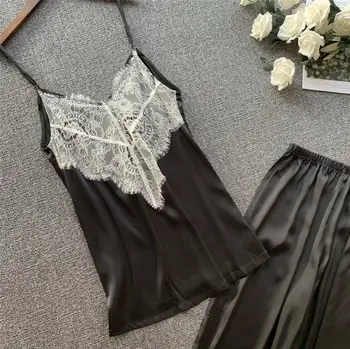 

Patchwork Lace Sexy Fashion Women Pajamas Satin Soft Spaghetti Strap Trousers Set Sleepwear
