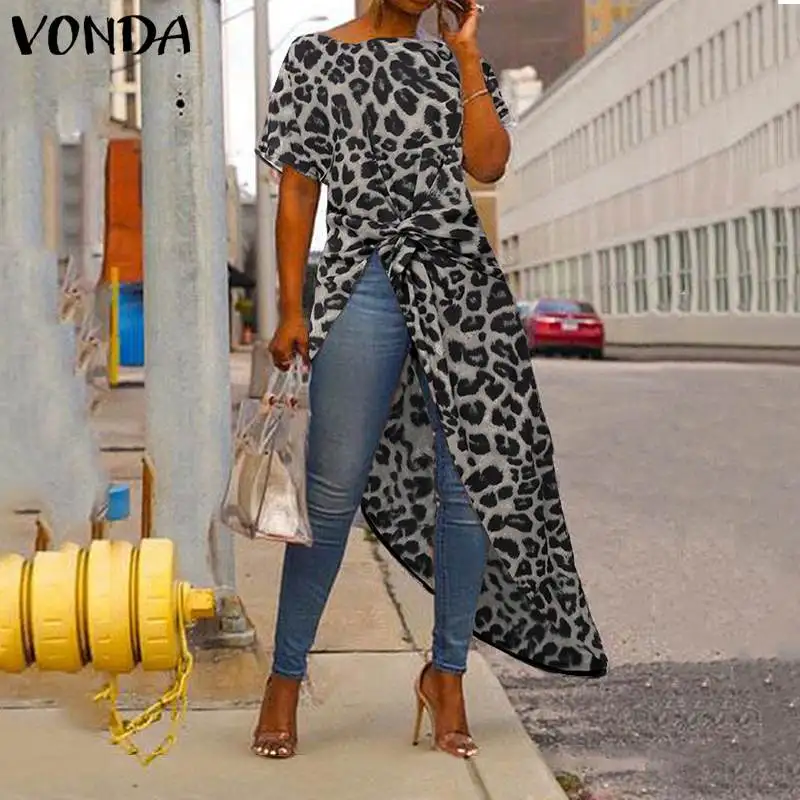 Asymmetrical Tunic Women Blouse VONDA 2019 Summer Tops Female Tunic Sexy Split Striped Shirts Blusa Long Party Shirts Plus Size - 4.00033E+12