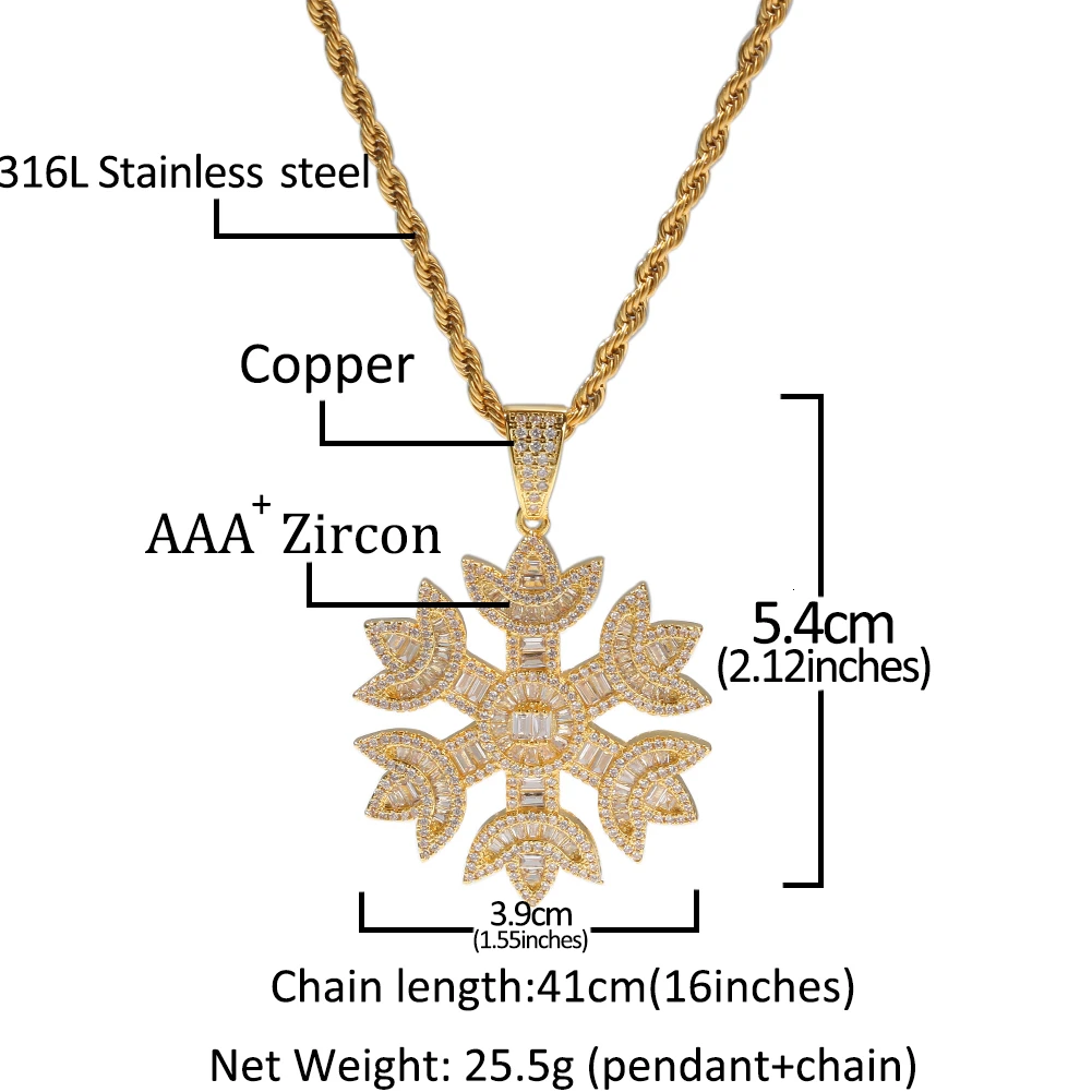 UWIN Fashion Men Women Baguette Snow Shape Pendant Necklace Gold Color Iced Bling Bling Cubic Zirconia Hiphop Jewelry