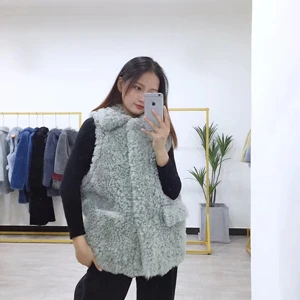 gray green SJ1049 Баша кудрявый ягненок высокое качество милая девушка Популярные овечья кожа мех жилеты без рукавов - Цвет: gray green