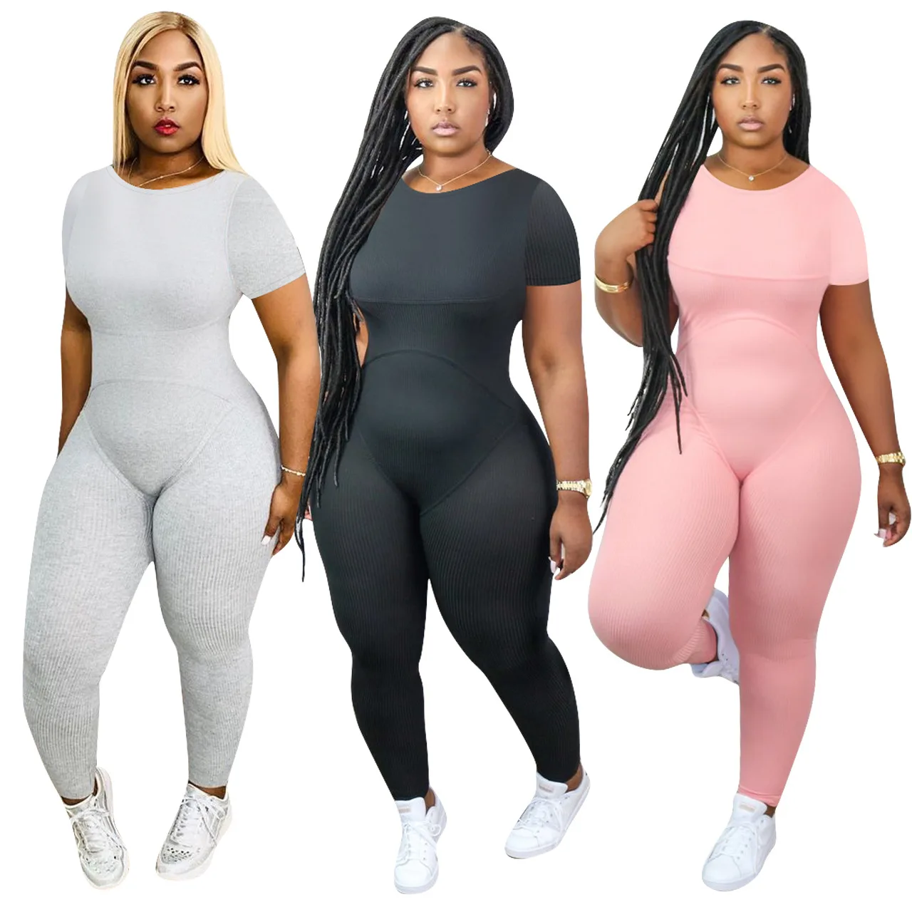 

Women's Solid Color Round Neck Short Sleeve Jumpsuit Casual Fitness Lounge Wear Slim Combinaison Femme Rompers Bodycon Catsuit