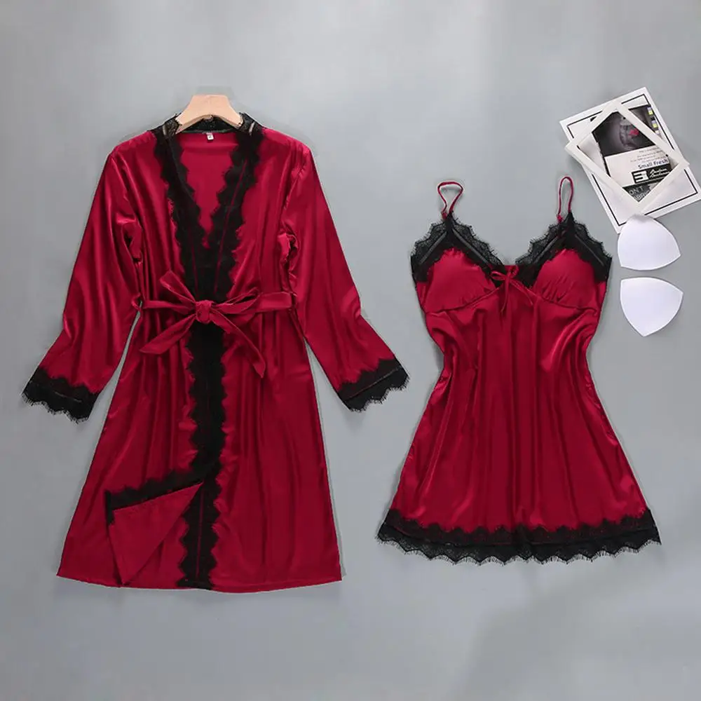 

Women Sexy Satin Fashion Lace Patchwork Sleepwear Sling Robe Long Sleeve Set 1PC Robe (With Belt）+1PC Sling And Chest Pad