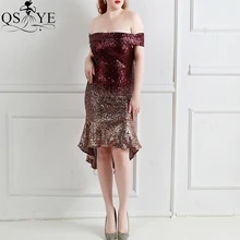 

Off Shoulder Short Sequin Burgundy Prom Dresses Mermaid Evening Gown Strapless Party Formal Gown Fit Stretch Women Fade Dress