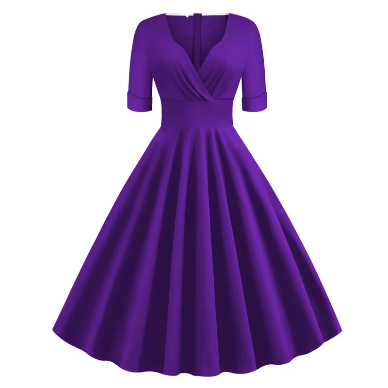 Purple Tonval, Ретро стиль, высокая талия, сексуальный v-образный вырез, с запахом, в горошек, платья для женщин, весна, желтый, миди, элегантные вечерние, хлопок, винтажное платье - Цвет: Purple