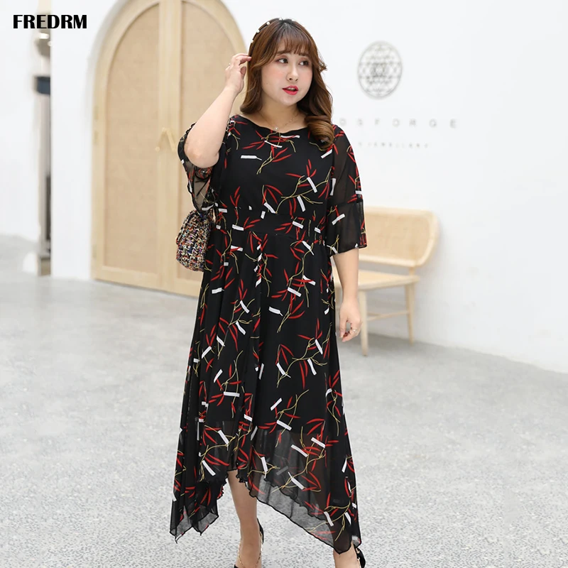 FREDRM Women Dress Plus Size 2020 New Summer Spring Ladies Casual Painted Lace Short Sleeve O-neck Mid-thigh Big Euro 50 52 | Женская