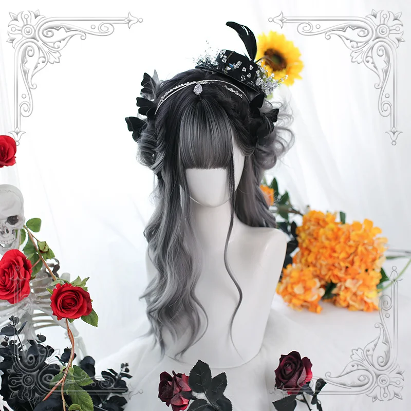 Female Long Wavy Black Charcoal Grey Gradual Change Bangs Wig Women Wigs Lolita Cosplay Party | Тематическая одежда и