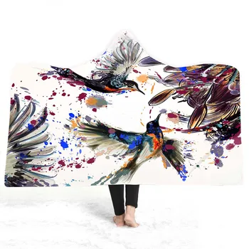 

3D Hand drawn bird Hooded Blanket Sherpa Fleece Wearable plush Throw Blanket on Bed Sofa Thick warm B174