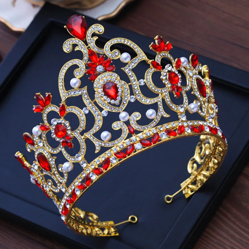 Vintage King Queen Diadem Tiaras Baroque Gold Metal Red Crystal Pearl Crown Bride Wedding Hair Accessories Women Hair Jewelry