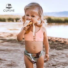 CUPSHE/розовый топ на шнуровке с принтом листьев, комплекты бикини с высокой талией для девочек, 2021 г., Детские купальники для малышей, купальные костюмы, От 2 до 12 лет CUPSHE/розовый топ на шнуровке с принтом листьев, комплекты бикини с высокой талией для девочек, 2021 г., Детские купальники для малышей, купальные костюмы, От 2 до 12 лет