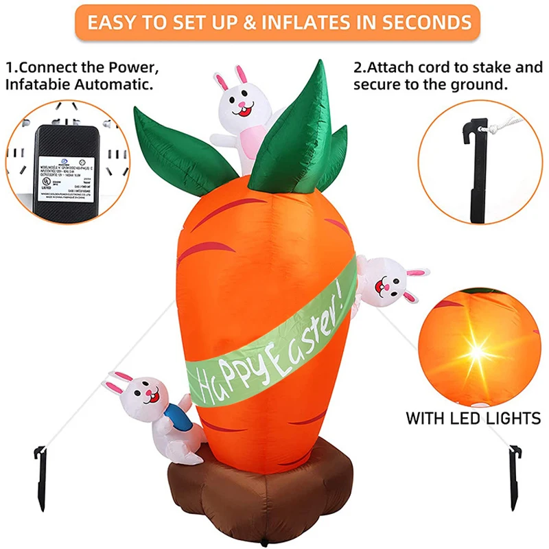 Easter Inflatables Decoration 6 FT Inflatable Easter Carrot & Bunny with Build-in LED Light for Party Indoor Outdoor Toys
