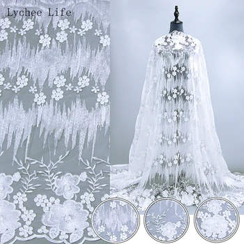 

Lychee Life 1Yard White 3D Flower Lace Fabric For Women Dress Wedding Bridal Costume Embroided Diy Sewing Accessories