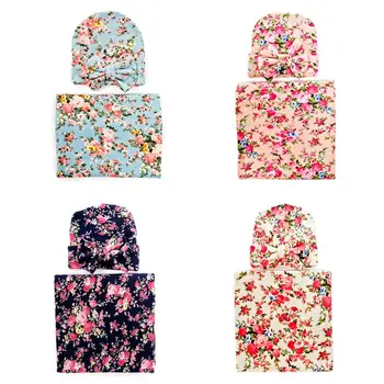 

2 Pcs/set Newborn Printing Wrapping Blanket Hat Baby Kids Bow-knot Cap Swaddle Wrap Set Infants Gifts