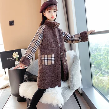 

Baby Girls Outerwear Winter Coats Wool Blends Plush Plaid Jacket Teens Mid Length Overcoat 4 6 8 9 10 12 14 Years Girls Clothing