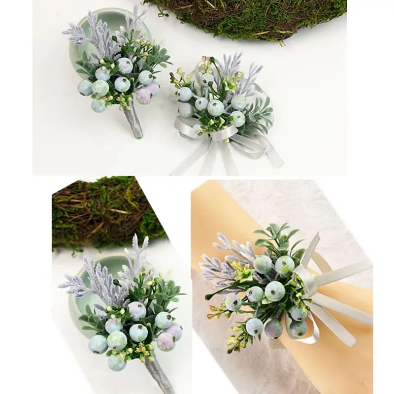 Handmade Realistic Berry Green Pants Boutonniere Corsage Wristlet for Men Women Groom Bride Wedding Prom Party Suit Decoration