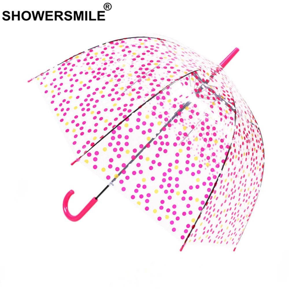 

SHOWERSMILE Transparent Long-Handle Rain Umbrella Women Wave Point See Through Dot Umbrellas Female Sun Pink Hanging Parapluie