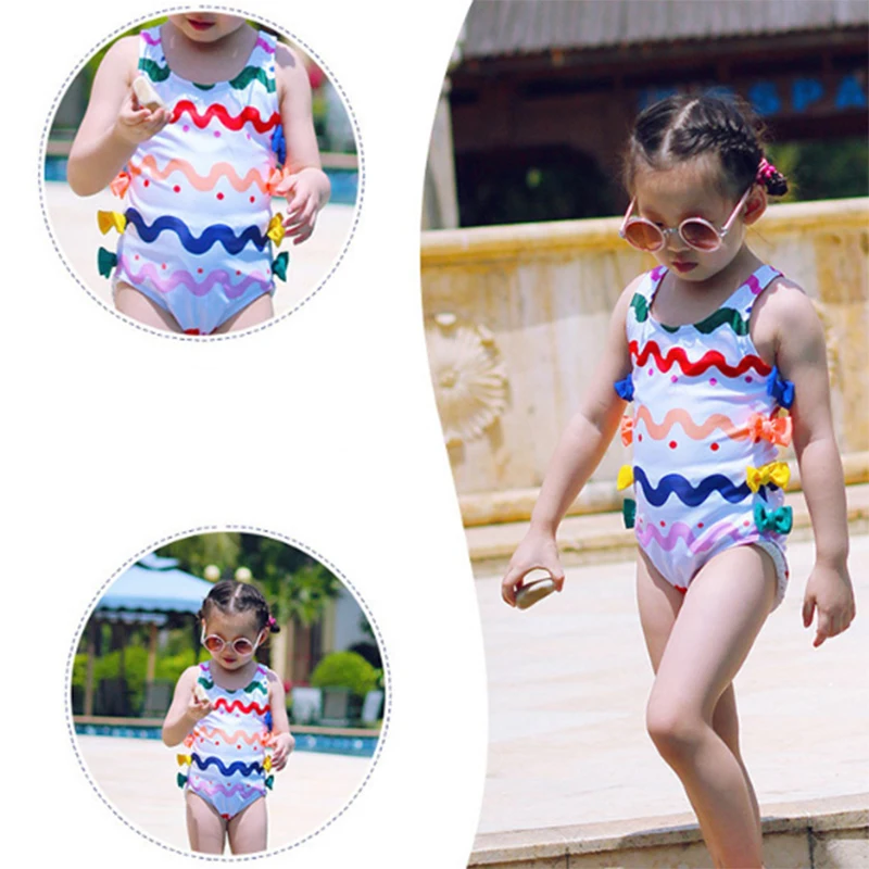 

2020 High Quality New Korean Girl One-piece Rainbow Wave Strip Cute Quick-drying Princess Swimsuit Traje De Baño