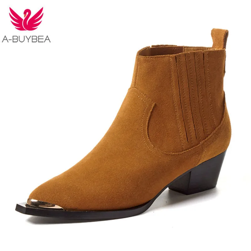 

Retro Style Boots Shoes Women Nubuckl Leather Chelsea Boots Metal Cap Toe Cow Suede Ankle Boots Woman Ladies Autumn Winter Shoes
