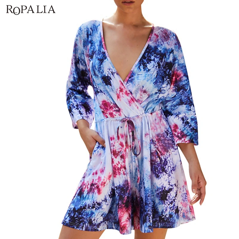 

Summer Tie-dye Playsuits 2019 Female Deep V-neck Jumpsuit Seven-point Sleeve Holiday Jumpsuits