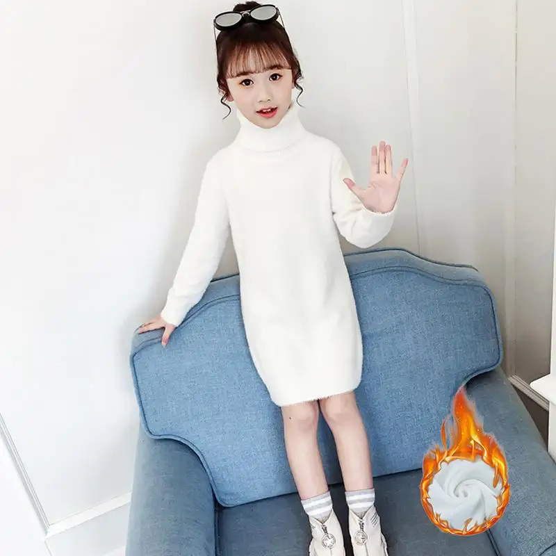 plus velvet white Новинка года; сезон осень-зима; вельветовое вязаное платье для девочек; однотонное детское платье-свитер с высоким воротником; длинные облегающие платья для девочек; K193 - Цвет: plus velvet white