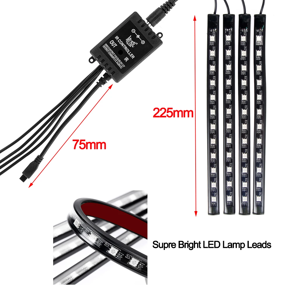 4Pcs RGB LED Strip Lights Car Atmosphere Lamp Remote Control Fashion Auto Interior Decoration Music Rhythm 5050 Strips Light