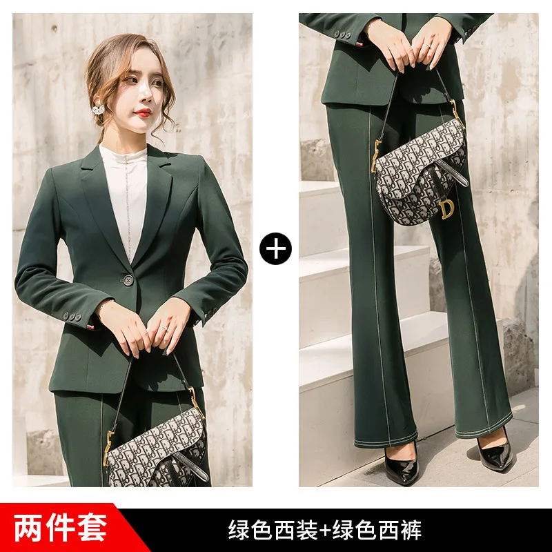 Dark green Женский костюм, модный осенний стиль, длинный рукав, Женский деловой костюм из двух частей, женские брючные костюмы, официальные - Цвет: Dark green