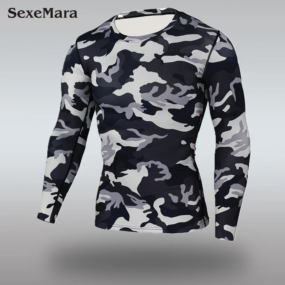 T-shirt SexeMara мужской ММА камуфляж боксерский спортивный костюм компрессионный Рашгард Фитнес с длинным рукавом базовый слой облегающая Мужская спортивная одежда - Цвет: T-shirt
