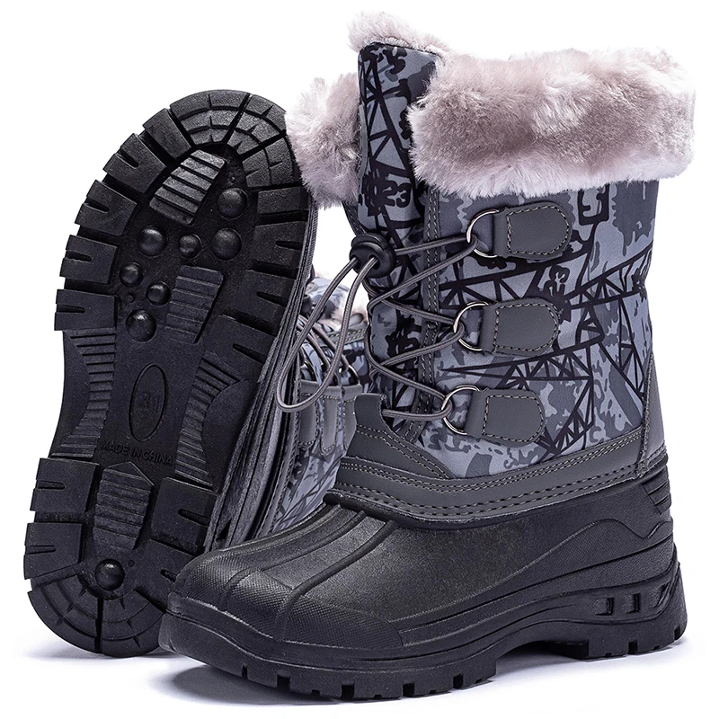 Kid's Hiking Boots Faux Fur Rubber Duck Snow Boots Childre Waterproof Warm Fur Lined Outdoor Shoes for Boys Big Kids