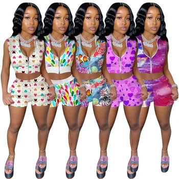 

Echoine Women Sport Tie-Dye two piece set Tracksuit Zipper Up Mini Jacket Shorts jogger Sweatpants Sexy Party Matching outfit