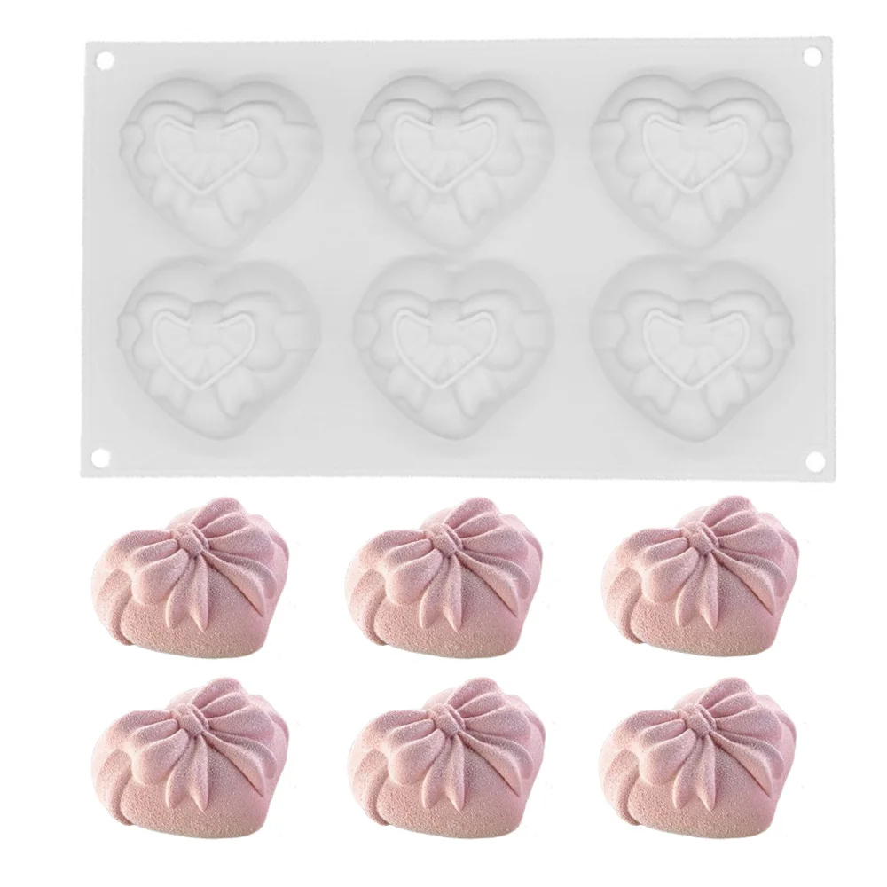 

6 cavity Heart Shaped Silicone Cake Mold Bowknot Handmade Soap Molds Wedding Candy Baking Molds Cupcake Decorations Kitchen Tool