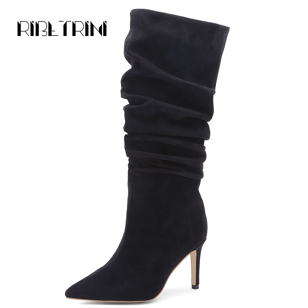 

RIBETRINI Fashion Women Shinning Boots 2019 Sexy Pointed Toe High Heels Slip On Autumn Shoes Woman Party Dress Knee High Botos