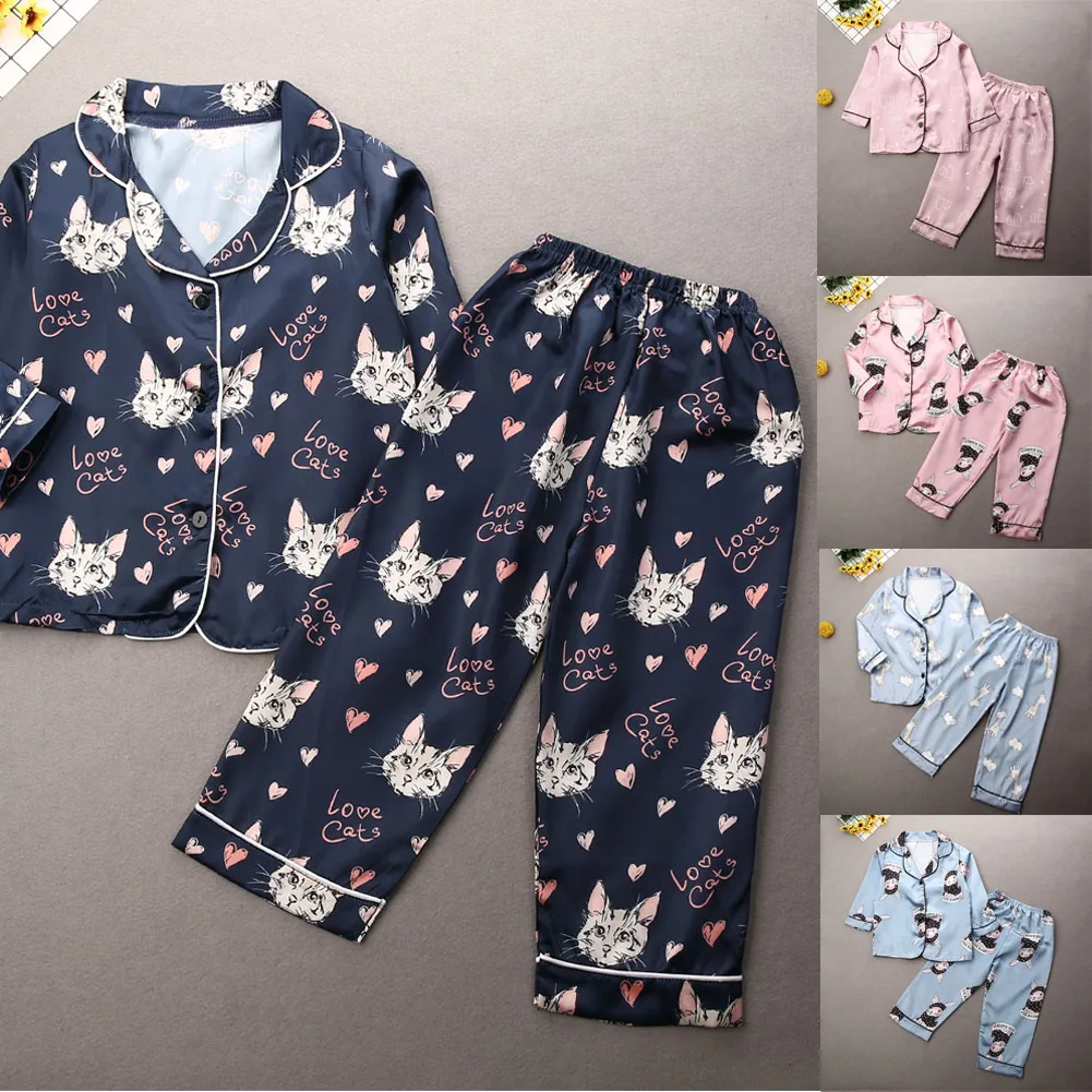 Pudcoco/Детская атласная Шелковая пижама с длинными рукавами и пуговицами; повседневная одежда для сна; домашняя одежда; сезон весна-осень