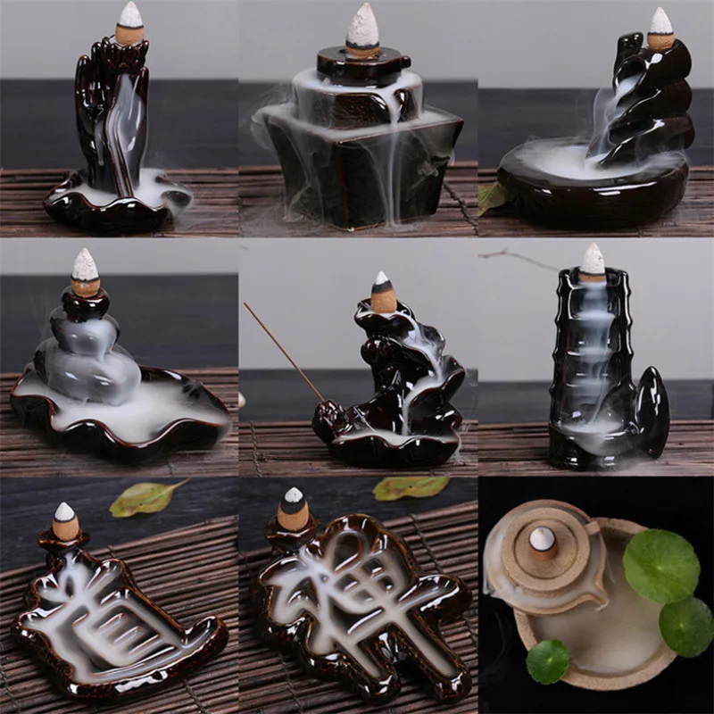 

Ceramic Glazed Smoke Backflow Incense Burner Holder Creative Tower Incense Waterfall Censer Base Home Decor + 10pcs Free Cones