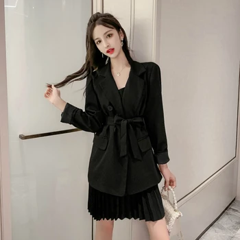 

2019 Ladies Modis Streetwear Fall 2 Piece Set Autumn Winter Casual Elegant Black Blazer and Spaghetti Strap Mini Pleated Dress