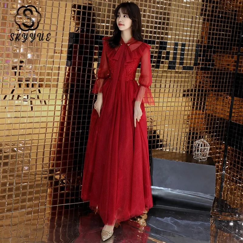 

Skyyue Formal Evening Dresses K316 Burgundy Ruched Robe De Soiree O-Neck Bow Long Three Quarter Sleeve Plus Size Evening Gown