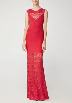 

Top Quality Elegant Red Lace Long Cocktail Party Dress Fashion Long Rayon Bandage Dresses Bodycon