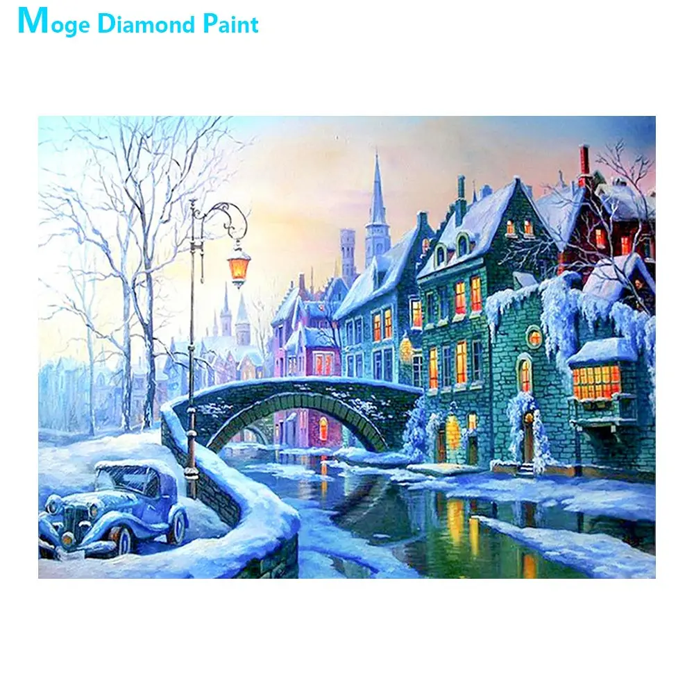 Алмазная живопись с изображением снежной сцены в городском стиле круглая