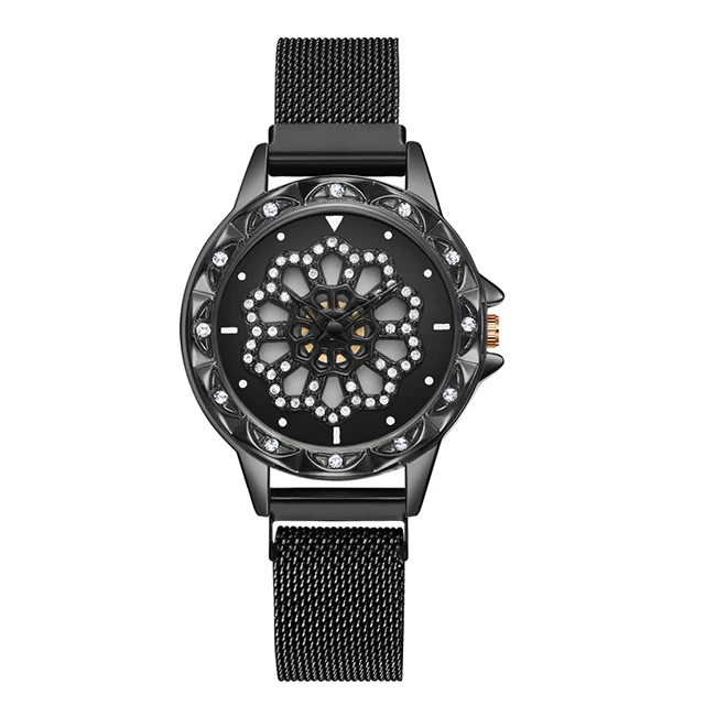 Лидирующий бренд Для женщин часы Творческий 360 градусов вращающийся с цветком из стразов; циферблат Кварцевые часы охватывающая деталь из нержавеющей стали золотые часы магнит - Цвет: Black