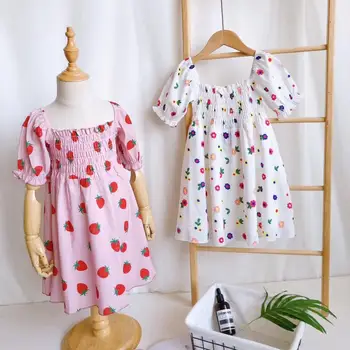 

2020 New Pink Fruit Flower printed Girls dress Pink Princess Party Petticoat puff sleeve Girls Clothing Brand Holiday dress