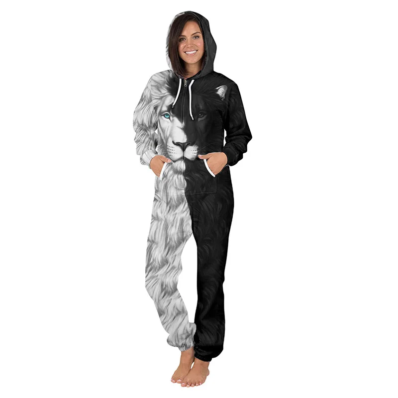 

Urban fashion jumpsuit women casual autumn winter playsuit new lion animal digital printing zipper hooded sweater men loose