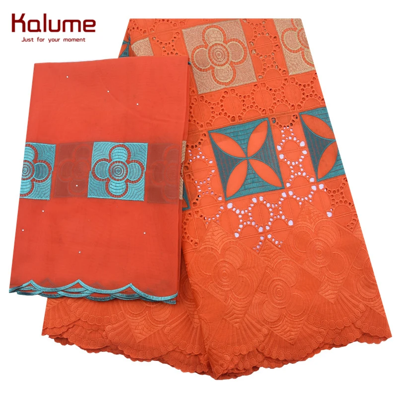 

Kalume 5+2Yards African Lace Fabric Orange Headcloth Nigerian Swiss Cotton Lace Fabric With Stone Scarf For Nigerian Dress F2018
