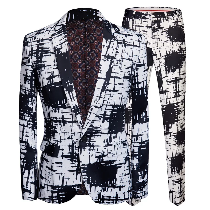 

2019 printed men's suit suit black and white dyed flower suit singer performance costume two pieces