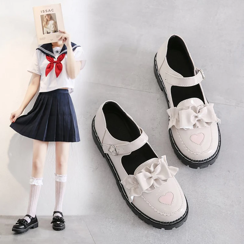 Японский стиль Лолиты; обувь для девочек; Студенческая обувь; туфли из искусственной кожи с бантом в форме сердца; туфли Mary Jane на каблуке-рюмочке
